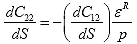 Equation 98. Relationship between derivatives of second and third material integrity terms. The derivative of the third material integrity term, C subscript 22, with respect to damage, S, is equal to the negative derivative of the second material integrity term, C subscript 12, with respect to damage, S, multiplied by pseudo strain, epsilon superscript R, divided by pressure, p.