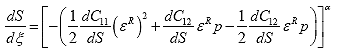 Equation 99. Damage evolution law growth with dual pseudo energy density function and third material integrity term substitution. The rate of damage growth with respect to reduced time, dS/d (lowercase xi), is equal to -1 multiplied by one half multiplied by the product of the derivative of the first material integrity parameter, C subscript 11, with damage, S, and the pseudo strain, epsilon superscript R, squared, plus the product of the derivative of the second material integrity parameter, C subscript 12, with damage, S, the pseudo strain, epsilon superscript R, and the pressure, p, minus one half multiplied by the product of the derivative of the second material integrity parameter, C subscript 12, with respect to damage, S, pseudo strain, epsilon superscript R and pressure, p, raised to the damage evolution rate, alpha.