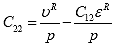 Equation 102. Relationship between second and third material integrity parameter. The third material integrity parameter, C subscript 22, is equal to the pseudo dilation, lowercase upsilon superscript R, divided by pressure, p, minus the product of the second material integrity term, C subscript 12, and pseudo strain, epsilon superscript R divided by pressure, p.