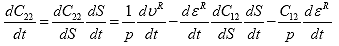 Equation 103. Relationship between second and third material integrity parameter through the chain rule. The derivative of the third material integrity parameter with respect to time, dC subscript 22 divided by dt, is equal to the derivative of the third material integrity parameter with respect to S, dC subscript 22 divided by dS, multiplied by the derivative of damage with respect to time, dS divided by dt, which equals the reciprocal of pressure, p, multiplied by the derivative of pseudo dilation with respect to time, lowercase dupsilon superscript R divided by dt, minus the product of the pseudo strain with respect to time, depsilon superscript R divided by dt, the derivative of the second material integrity term with respect to damage, dC subscript 12 divided by dS, and the derivative of damage with respect to time, dS divided by dt, minus second material integrity term, C subscript 12, divided by pressure, p, multiplied by the derivative of pseudo strain with respect to time, depsilon superscript R divided by dt. 