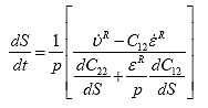 Equation 104. Damage evolution rate in terms of pseudo dilation and pseudo strain rates after applying Dr. Schapery’s methodology. The damage rate, dS divided by dt, is equal to the reciprocal of pressure, p, multiplied by pseudo dilation rate, lowercase upsilon overdot superscript R, minus the product of the second material integrity term, C subscript 12, and pseudo strain rate, epsilon overdot superscript R, divided by the derivative of the third material integrity parameter with respect to damage, dC subscript 22 divided by dS, plus pseudo strain, epsilon superscript R, divided by pressure, p, multiplied by the derivative of the second material integrity term with respect to damage, dC subscript 12 divided by dS. 