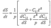 Equation 105. Damage evolution rate in terms of stress and pseudo strain rates after applying Dr. Schapery’s methodology. The damage rate, dS divided by dt, is equal to the reciprocal of pressure, p, multiplied by stress rate, sigma overdot, minus the product of the first material integrity term, C subscript 11, and pseudo strain rate, epsilon overdot superscript R, divided by the derivative of the second material integrity parameter with respect to damage, dC subscript 12 divided by dS, plus pseudo strain, epsilon superscript R, divided by pressure, p, multiplied by the derivative of the first material integrity term with respect to damage, dC subscript 11 divided by dS. 