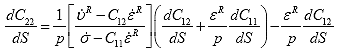 Equation 106. Solution of third material integrity term with respect to damage. The derivative of the third material integrity parameter with respect to damage, dC subscript 22 divided by dS, is equal to the reciprocal of pressure, p, multiplied by pseudo dilation rate, lowercase upsilon overdot superscript R, minus the product of the second material integrity term, C subscript 12, and pseudo strain rate, epsilon overdot superscript R, divided by stress rate, sigma overdot, minus the product of the first material integrity term, C subscript 11, and pseudo strain rate, epsilon overdot superscript R, multiplied by the derivative of the second material integrity parameter with respect to damage, dC subscript 12 divided by dS, plus pseudo strain, epsilon superscript R, divided by pressure, p, multiplied by the derivative of the first material integrity term with respect to damage, dC subscript 11 divided by dS, minus pseudo strain, epsilon superscript R, divided by pressure, p, multiplied by the derivative of the second material integrity term with respect to damage, dC subscript 12 divided by dS.