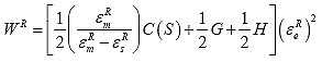 Equation 119. Pseudo strain energy density function used in previous formulation. The pseudo strain energy density function, W superscript R, is equal to one half multiplied by the peak pseudo strain value, epsilon subscript m superscript R, divided by the peak pseudo strain value, epsilon subscript m superscript R, minus the permanent pseudo strain, epsilon subscript s superscript R, multiplied by the material integrity term, C, which is a function of damage S, plus one half multiplied by the hysteresis function, G, plus one half multiplied by the healing function, H, multiplied by the effective pseudo strain, epsilon subscript e superscript R, squared.