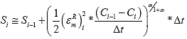 Equation 125. Discrete form of damage growth equation used for numerical solution in adjusted previous formulation after undoing final simplification step. The damage at the current time step, S subscript i, equals damage at the previous step, S subscript i minus 1, plus one half multiplied by the peak pseudo strain value at the current time step, epsilon subscript m superscript R subscript i, squared, multiplied by the pseudo stiffness at the previous time step, C subscript i minus 1, minus the pseudo stiffness at the current time step, C subscript i, divided by the change in time between step i and i plus 1, uppercase delta of t, raised to the damage evolution rate, alpha, divided by 1 plus the damage evolution rate, alpha; multiplied by the change in time between step i and i plus 1, uppercase delta multiplied by t.