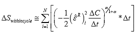 Equation 128. Calculation of damage within a cycle. The damage occurring within a cycle, uppercase delta of S subscript within cycle, is equal to the summation from the initial time step, i equals 1, to the final cycle time, N, of negative one half multiplied by the effective pseudostrain, epsilon overhat superscript R subscript i, squared, multiplied by the pseudo stiffness rate for sequential points in the cycle, uppercase delta C divided by uppercase delta t, raised to the damage evolution rate, alpha, divided by 1 plus the damage evolution rate, alpha, multiplied by the change in time between step i and i plus 1, uppercase delta multiplied by time, t.