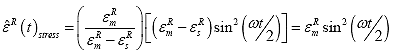 Equation 135. Functional form for effective pseudo strain history for controlled stress tests. The effective pseudo strain history for stress controlled tests, epsilon overhat superscript R subscript stress, is equal to the peak pseudo strain value, epsilon subscript m superscript R, divided by the peak pseudo strain value, epsilon subscript m superscript R, minus the permanent pseudo strain, epsilon subscript s superscript R, multiplied by the product of the peak pseudo strain, epsilon subscript m superscript R, minus the permanent pseudo strain, epsilon subscript s superscript R, and sine of angular frequency, omega, divided by 2 and multiplied by time, t, squared, which equals peak pseudo strain for the cycle, epsilon subscript m superscript R, multiplied by the sine of angular frequency, omega, divided by 2 and multiplied by time, t, squared.