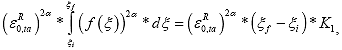 Equation 154. Step two in deriving the form adjustment factor. The tensile pseudo strain amplitude, epsilon superscript R subscript 0 comma ta, raised to the power of the product of 2 and alpha multiplied by the integral from initial reduced time, xi subscript i, to final reduced time, xi subscript f, of open parenthesis the reduced time function close parenthesis raised to the power of the product of 2 and alpha multiplied by the change in reduced time, d xi, is equal to The tensile pseudo strain amplitude, epsilon superscript R subscript 0 comma ta, raised to the power of the product of 2 and alpha multiplied by open parenthesis final reduced tensile loading time of the cycle, xi subscript f, minus the initial reduced tensile loading time of the cycle, xi subscript i, close parenthesis multiplied by the component of the form adjustment factor, K subscript 1.