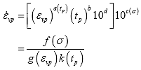 Equation 161. Definition of phenomenological model considering pulse time and load level in normal form. The viscoplastic strain rate, epsilon overdot subscript vp, is equal to square bracket parenthesis epsilon subscript vp, close parenthesis, raised to the power of coefficient a, parenthesis t subscript p, close parenthesis, multiplied by parenthesis t subscript p, close parenthesis, raised to the power of coefficient b, multiplied by 10 raised to the power of coefficient d, square bracket multiplied by 10 raised to the power of coefficient c parenthesis stress, sigma, close parenthesis, end square bracket.
