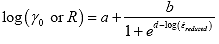 Equation 167. The form of sigmoidal function for softening or function R. The logarithmic parenthesis of the initial softening function, gamma subscript 0, or the tensile strength of material when deviatoric stress is 0, R, close parenthesis, is equal to coefficient a plus coefficient b, divided by 1 minus the exponential of parenthesis coefficient d minus logarithmic parenthesis reduced strain rate, epsilon overdot subscript reduced, close parenthesis.