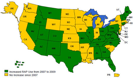 Figure 6. Map. States with increased RAP use since 2007. Click here for more information.