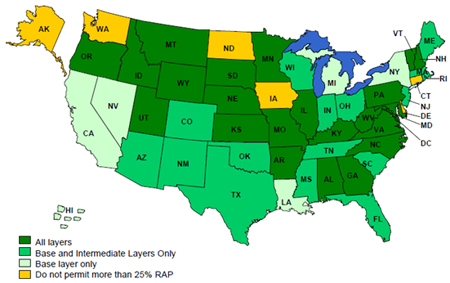 Figure 7. Map. States that permit more than 25 percent RAP in HMA layers. Click here for more information.