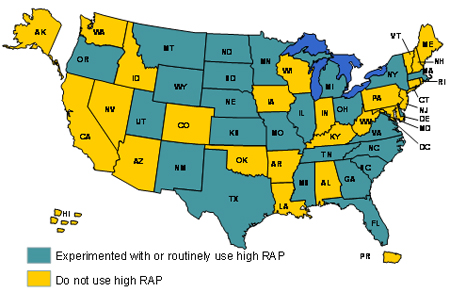 Figure 9. Map. States that use more than 20 percent RAP in HMA layers. Click here for more information.