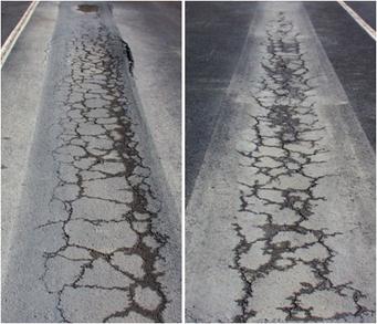 This photo shows two vertical side-by-side pictures of loaded accelerated load facility (ALF) wheel paths. They exhibit typical, randomly oriented alligator pattern of fatigue cracking.