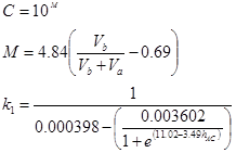 N subscript f equals 0.00432 times C times the quantity k subscript 1 times the quantity open parenthesis one divided by epsilon subscript T closed parenthesis raised to the power k subscript2 times the quantity open parenthesis one divided by E closed parenthesis raised to the power k subscript 3.