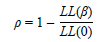 Rho equals 1 minus LL open parenthesis beta close parenthesis divided by LL open parenthesis 0 close parenthesis.