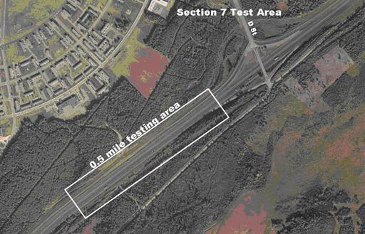 This photo shows a satellite image of a 0.5 mi testing area labeled section 7 on part of Glenn Highway in Anchorage, AK.