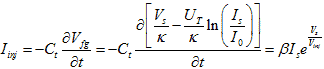 I subscript inj equals negative C subscript t times the derivate of V subscript fg divided by the derivate of t equals negative C subscript t times the derivate of open bracket V subscript s divided by k minus U subscript T divided by k times the natural log of open parenthesis I subscript s divided by I subscript 0 closed parenthesis closed bracket divided by the derivative of t equals beta times I subscript s times e raised to the power of V subscript s divided by V subscript inj.