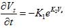 The derivative of V subscript s divided by the derivative of t equals  negative K subscript 1 times e raised to the power of k subscript 2 times V subscript s.