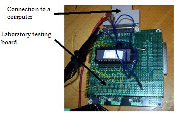 This figure shows the testing board that the sensor prototype is mounted to. The testing board is square, and the prototype is mounted near the center. There are several wires running throughout the board, and a wire extends from the board and is connected to the computer for data upload.