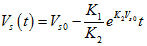 V subscript s times open parenthesis t closed parenthesis equals V subscript s0 minus K subscript 1 divided by K subscript 2 times e raised to the power of parenthesis K subscript 2 times V subscript s0 times t.
