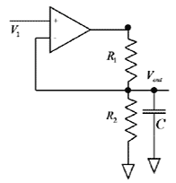 This figure shows a conventional operational amplifier (OPAMP)-based regulator. It begins at V subscript 1 and goes to the positive input of the OPAMP. The output of the OPAMP goes to a resistor, R subscript 1. The other end of R subscript 1 ends at a node, where it splits in three. One part goes to another resistor, R subscript 2, whose other node is connected to the ground, and the second part goes to a capacitor, C, whose other plate is grounded. The third line goes to the negative input of the OPAMP.