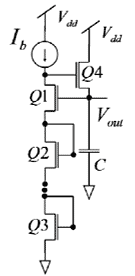 This figure shows a circuit that begins at a supply labeled V subscript dd, which leads to a current source labeled I subscript b, which leads to the drain of N-type metal oxide semiconductor Q1 and to the gate of Q4. The gate and drain of Q2 and Q3 are connected to the respective drains and are connected in series with Q1. The source of Q3 is grounded. The gate of Q1 and the source of Q4 are connected together and go to the capacitor C whose other plate is grounded. The drain of Q4 goes to the supply V subscript dd.