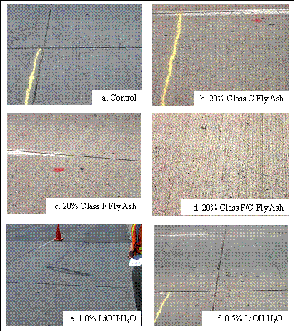 Figure 17. Photos. Photographs of 12-year-old pavement sections reactive aggregate from Shakespeare pit in Albuquerque, New Mexico (photos taken in 2004). The six photos are labeled A through F. Photo A shows a concrete pavement at a longitudinal and transverse joint section, with map cracking near all four corners where the joints intersect; accompanying text reads, “Control.” Photo B shows a concrete pavement with extensive map cracking; accompanying text reads, ‘20 percent class C fly ash.’ Photo C shows two slabs from a concrete pavement with minimal cracking visible; accompanying text reads, ‘20 percent class F fly ash.’ Photo D shows a tined concrete pavement with map cracking; accompanying text reads, ‘20 percent class F slash C fly ash.’ Photo E shows two slabs from a concrete pavement with no cracking visible in the image; accompanying text reads, '1 percent lithium hydroxide monohydrate.' Photo F shows a jointed concrete pavement with cracking and some deterioration near the joints; accompanying text reads, '0.5 percent lithium hydroxide monohydrate.'