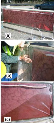 Figure 25. Photos. Typical vacuum impregnation setup. Three photos, labeled A, B, and C, are shown. Photo A, at top, shows the side of a concrete barrier with extensive cracking covered by a red plastic mesh taped to it. A spiral plastic tube is adhered to the top of the mesh, near the top of the barrier. Photo B, in the middle, shows workers applying plastic sheeting on top of the red plastic mesh and spiral plastic tube. The sheeting is being adhered to the side of the concrete barrier using double-sided adhesive tape. Photo C, at bottom, shows a closeup view of the side of the concrete barrier with the red plastic mesh along the side of the barrier, the white spiral plastic tube near the top of the barrier, and the plastic sheeting over the barrier. The vacuum has been turned on, and the lithium is being vacuumed across the barrier, first starting in the lower right corner and radiating out towards the center of the barrier. Accompanying bulleted text describes the setup of the vacuum impregnation treatment method. The first bulleted item reads, 'Double-sided adhesive (e.g., butyl) tape is sealed to the surface around the perimeter of the area to be treated.' The next bulleted item reads, 'Plastic mesh is placed on the surface to be treated within the boundary of the tape.' The next bulleted item reads, 'Inlet tubes are placed within the area to be treated to distribute lithium.' The next bulleted item reads, 'rea to be treated is covered with plastic, which is fixed to the adhesive tape at the perimeter to seal the system.' The next bulleted item reads, 'A vacuum is applied to the sealed surface to remove air and moisture in the cracks.' The last bulleted item reads, 'Once a steady vacuum (approximately 0.5 atmosphere) has been achieved, lithium is drawn into the evacuated area.'