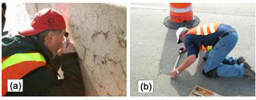 Figure 27. Photos. Monitoring techniques—A, crack mapping of a barrier wall and B, measuring length changes on concrete pavement with a demountable mechanical gauge. Two photos, labeled A and B, are shown. Photo A, on the left, shows a researcher looking at the side of an A S R-affected concrete barrier with a magnifying apparatus. Photo B shows a researcher taking expansion measurements on an A S R-affected concrete pavement using a demountable mechanical gauge. Suggestions on treated structures that have been treated with lithium nitrate are described in table 13.
