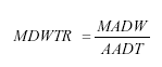 Equation 15. Equation. The monthly day-of-week traffic ratios are computed as the ratio of the mean annual day-of-week divided by the average annual daily traffic.