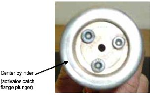 This is a closeup photograph of the oil hole port at the end of the center cylinder. The oil hole port activates the catch flange plunger.