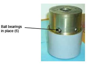 Photograph shows ball bearings in place on the inner body. Arrows indicate the locations of the six ball bearings in place, holes for the hex bolts open parenthesis M6 by 60 millimeters close parenthesis, and inner body set into position. Use all-purpose white lubricating grease on the ball bearings. An aerosol can of lubricant is shown in the photograph.