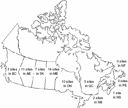 Figure 1. Diagram. Distribution of L T P P test sites. Diagram showing the political boundaries of Canada sectioned off into test site zones, indicating the respective number of test sites in each zone.