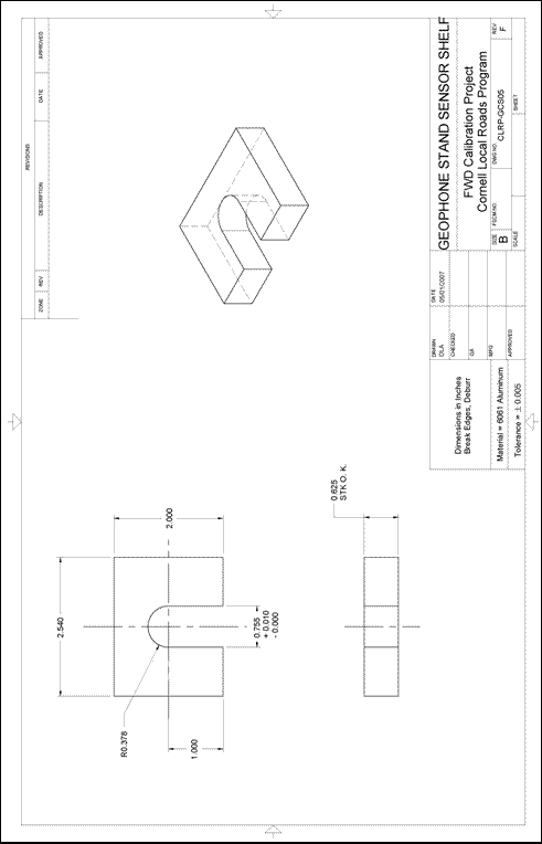 Figure 64. Illustration. CLRP-GCS05 geophone stand sensor shelf. This plan sheet shows top, front, and isometric views of a Cornell Local Roads Program (CLRP)-GCS05 geophone stand sensor shelf. All of the dimensions and specifications are included for fabrication by a machine shop.
