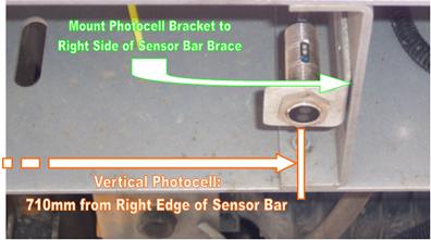 Figure 5. Photo. Position and mounting of vertical photocell. This figure shows a close-up view of how the vertical photocell is mounted to the sensor bar in the profiler.