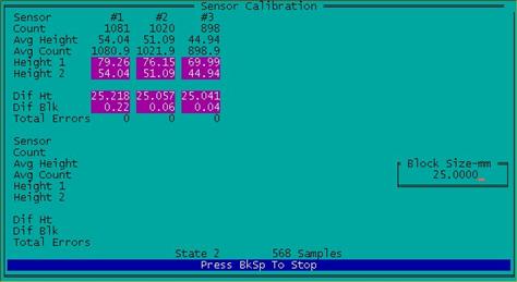 Figure 36. Screen shot. Readings being taken on 25-mm blocks. This figure shows a screen capture of the ICC software when the calibration check is being performed simultaneously on all three sensors.