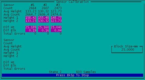 Figure 78. Screen shot. Readings being taken on 25-mm blocks. This figure shows a screen capture of the ICC software during the full calibration check of the laser sensors while all three sensors are being checked simultaneously.