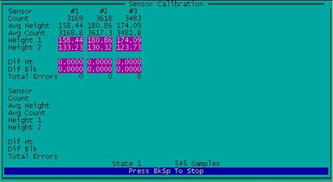 Figure 79. Screen shot. Readings taken on base plate (base plate below sensor #1). This figure shows a screen capture of the sensor calibration screen in the ICC software when readings are taken on the base plate while the calibration check is being performed on a single sensor. In this case, the base plate is placed below sensor #1.