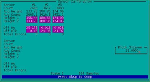 Figure 80. Screen shot. Readings taken with 25-mm block below sensor #1. This figure shows a screen capture of the sensor calibration screen in the ICC software when readings are taken on a 25 mm block that is placed below sensor #1.