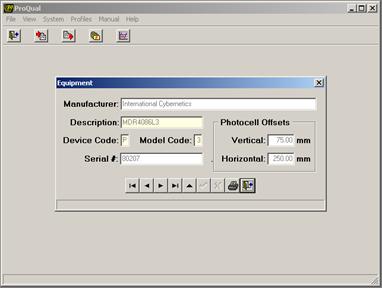 Figure 82. Screen shot. Equipment table in ProQual. This figure shows a screen capture of the equipment table in ProQual where the horizontal and vertical photocell offset values are entered.