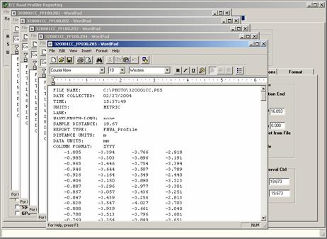 Figure 90. Screen shot. Text format profile data displayed in WordPad window. This figure is a screen capture of the computer screen showing the WordPad window that appears after the WinReport program is used to analyze the data.