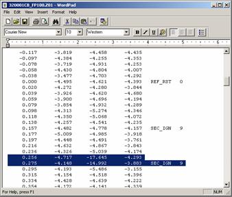 Figure 91. Screen shot. Profile data displayed in WordPad window-horizontal offset test. This figure shows a screen capture of the format of the text file that appears in the WordPad window after the data are analyzed to determine the horizontal photocell offset. The stations and the elevation values for the left, center, and right sensors are shown. The event marks are also shown. The bump that results from the wood strip is highlighted in the data.