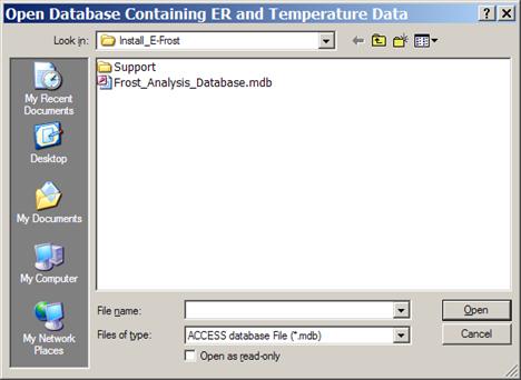 This figure is a screenshot of the dialog box which appears after the user prompts the program to open the database. There is a drop down box at the top of the screen which the user can use to browse and locate the database. In this particular example, the database name is "Frost_Analysis_Database.mdb." In addition, there are icons on the left side of the screen for "My Recent Documents," "Desktop," "My Documents," "My Computer," and "My Network Places," which can assist the user in locating the database. The bottom right-hand corner of the screen contains "Open" and "Cancel" buttons. To the left of these buttons, the file name and file location are displayed in drop down boxes. Directly beneath the drop down boxes there is a check box that reads, "Open as read-only."