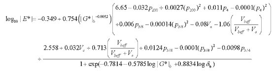 Equation 2. Modified Witczak model for predicting dynamic modulus of hot mix asphalt concrete. The logarithmic base 10 of vertical line E superscript star vertical line equals −0.349 plus 0.754 times parenthesis vertical line G superscript star vertical line subscript b to the power of −0.0052 end parenthesis times parenthesis 6.65 minus 0.032 times rho subscript 200 plus 0.0027 times parenthesis rho subscript 200 end parenthesis squared plus 0.011 times rho subscript 4 minus 0.0001 times parenthesis rho subscript 4 end parenthesis squared plus 0.006 times rho subscript three-eighths minus 0.00014 times parenthesis rho subscript three-eighths end parenthesis squared minus 0.08 times V subscript a minus 1.06 times parenthesis V subscript beff divided by the sum of V subscript beff plus V subscript a end parenthesis plus the quotient of 2.558 plus 0.032 times V subscript a plus 0.713 times parenthesis V subscript beff divided by V subscript beff plus V subscript a end parenthesis plus 0.0124 times rho subscript three-eighths minus 0.0001 times parenthesis rho subscript three-eighths end parenthesis squared minus 0.0098 times rho subscript three-fourths divided by the sum of 1 plus exponential of parenthesis  0.7814 minus 0.5785 times logarithmic base 10 vertical line G superscript star vertical line subscript b plus 0.8834 times logarithmic base 10 delta subscript b end parenthesis.