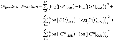 Objective function equals to the summation from i equals 1 to M of the individual difference between parenthesis logarithmic base 10 of parenthesis vertical line G superscript star vertical line subscript DSR end parenthesis minus the logarithmic base 10 of parenthesis vertical line G superscript star vertical line subscript CAM end parenthesis, end parenthesis subscript i, squared, plus the summation from j equals 1 to N of the individual difference between parenthesis logarithmic base 10 of parenthesis D parenthesis t end parenthesis subscript BBR end parenthesis minus the logarithmic base 10 of parenthesis D parenthesis t end parenthesis subscript GPL end parenthesis, end parenthesis, subscript j, squared, plus the summation from i equals 1 to N of the individual difference between parenthesis logarithmic base 10 of parenthesis vertical line G superscript star vertical line subscript BBR end parenthesis minus the logarithmic base 10 of parenthesis vertical line G superscript star vertical line subscript CAM end parenthesis, end parenthesis, subscript j, squared.