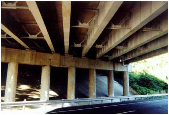 Figure 53. Photo. Soffits, bents, and columns of Route 631 over I-64 bridge in Charlottesville, VA. This photograph shows a general view of the soffits, bents, and columns of Route 631 over the I-64 bridge in Charlottesville, VA.