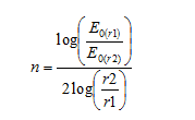 Figure 16. Equation. Calculation of n. n equals log open parenthesis E subscript zero times open parenthesis r times 1 closed parenthesis divided by E subscript zero open parenthesis r times 2 closed parenthesis closed parenthesis all divided by 2 times log open parenthesis r times 2 divided by r times 1 closed parenthesis