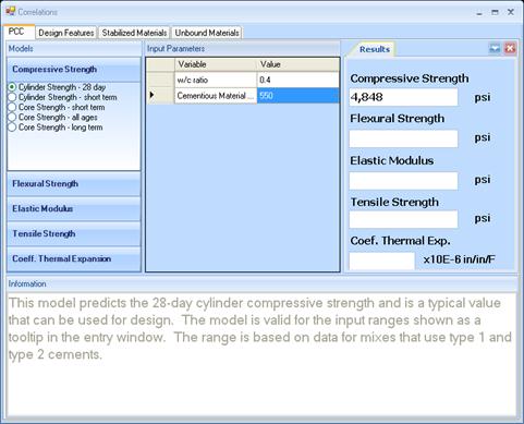 This figure shows a screenshot of the software program Correlations. It shows the general layout and displays the various tabs on the user interface. The four tabs represent Portland cement concrete (PCC), Design Features, Stabilized Materials, and Unbound Material categories of the predictive model. The screenshot 
in this figure displays the PCC screen and lists the five compressive strength model options.
