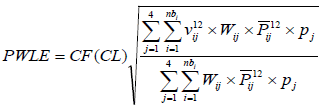 Figure 17. Equation. PWLE representing the whole axle load spectrum. PWLE equals CF open parenthesis CL closed parenthesis times the square root of summation with j ranging from 1 through 4 of summation with i ranging from 1 through nb subscript i of v subscript ij superscript 12 times W subscript ij times P bar subscript ij superscript 12 times p subscript j divided by summation with j ranging from 1 through 4 of summation with i ranging from 1 through nb subscript i of W subscript ij times P bar subscript ij superscript 12 times p subscript j.